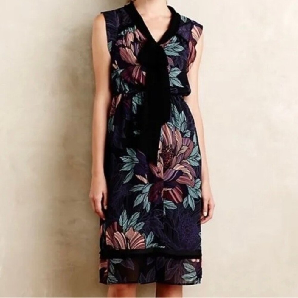 Anthropologie Maeve Brelin Floral Sheer Mix Print Button Down Lined Dress PS